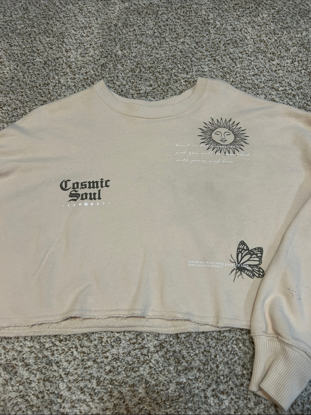 Hollister Beige 'Cosmic Soul' Cropped Sweatshirt with Sun & Butterfly Graphics